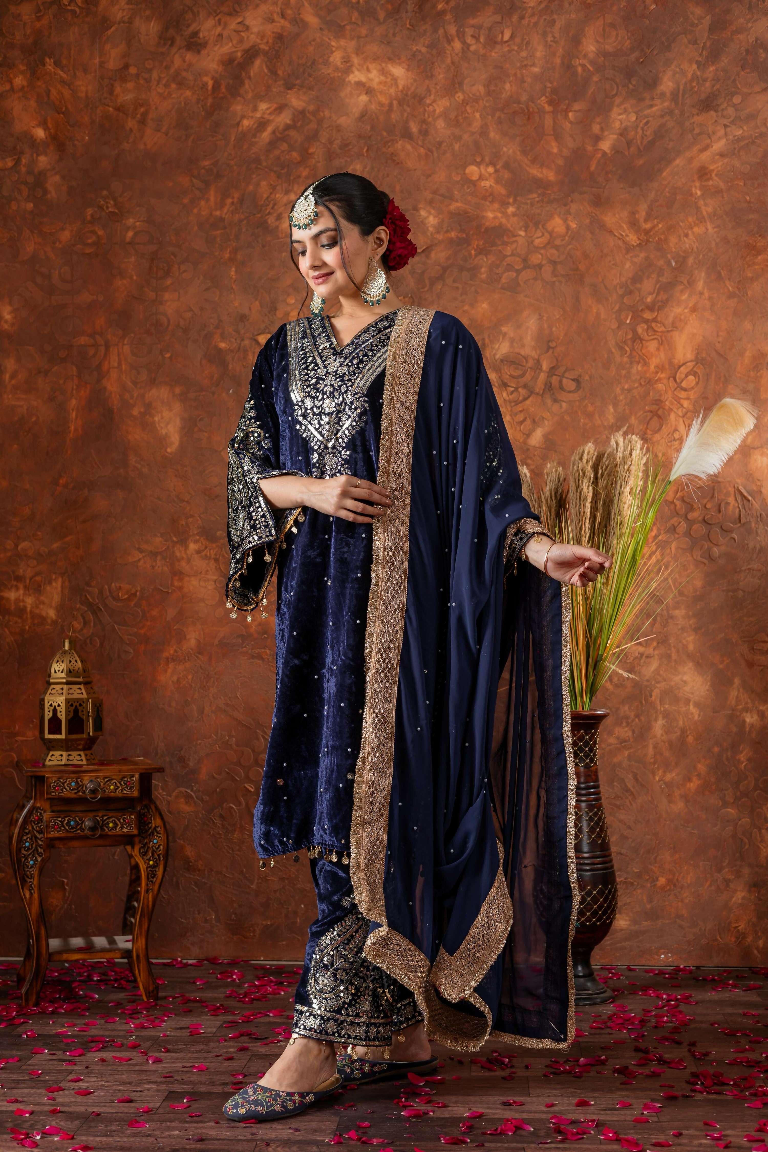 Joban Fashion deep navy blue Velvet Embroidery Kurta Set | Grocsy