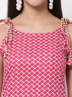 Myshka Women's Pink Printed Sleeveless Cotton Round Neck Dress | Grocsy