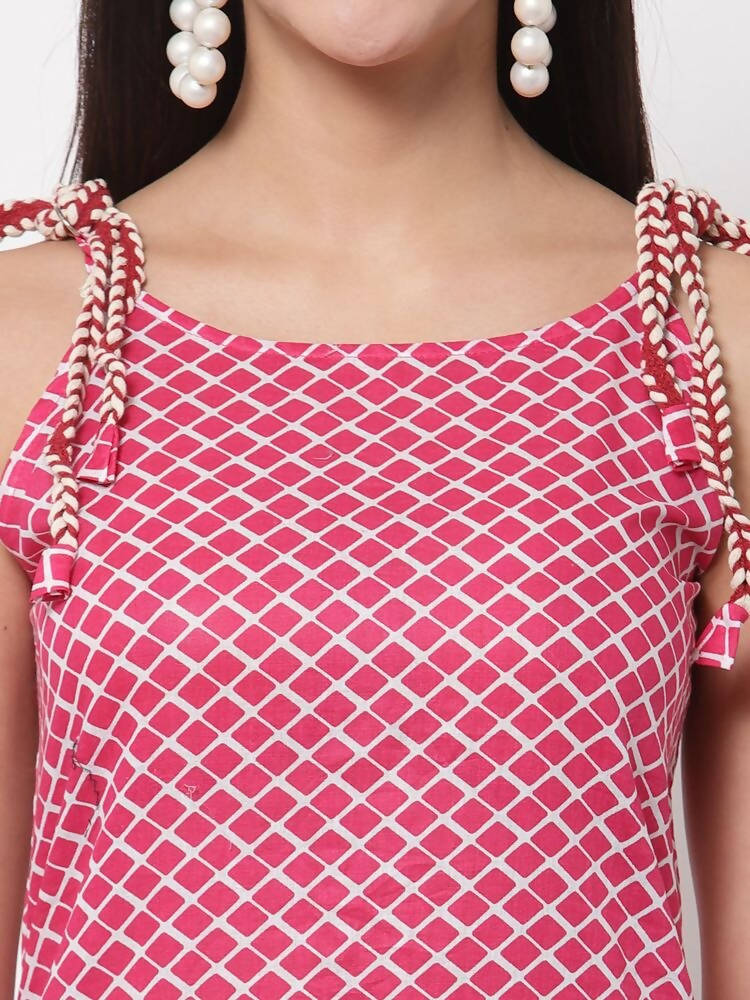Myshka Women's Pink Printed Sleeveless Cotton Round Neck Dress | Grocsy