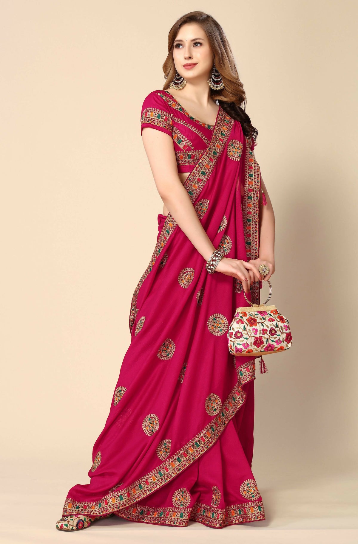 Pink Chinon Embroidered Saree with Unstitched Blouse Piece - Roozal | Grocsy