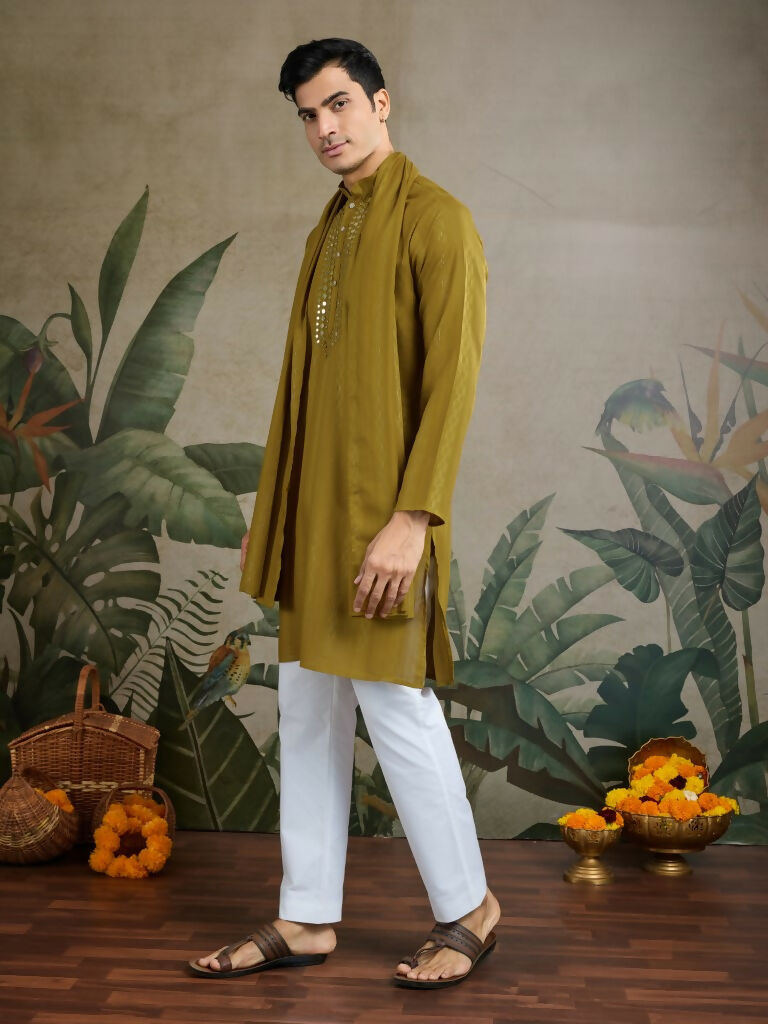 Vastranavya Rust Yellow Exclusive Viscose Rayon Festival Wear Real Mirror Work Kurta with Dupatta | Grocsy