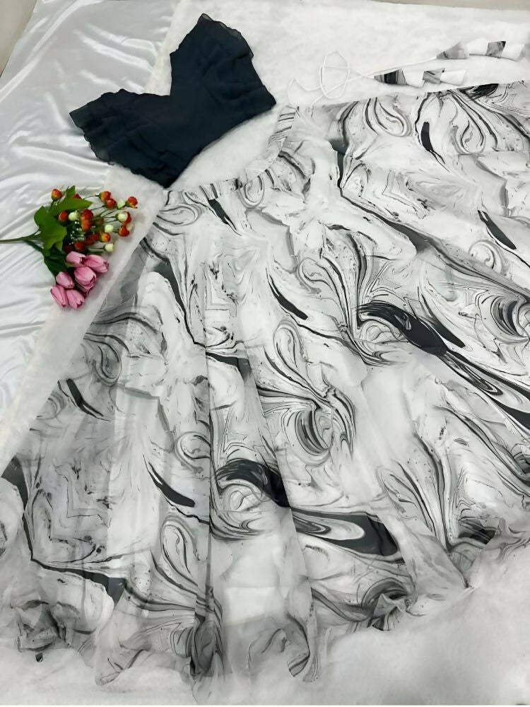 Dishitha Creation Printed Stitched Lehenga & Crop Top - Black & White | Grocsy