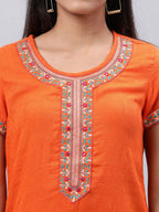 Souchii Orange Floral Embroidered Mirror Work Mirror Work Kurti | Grocsy