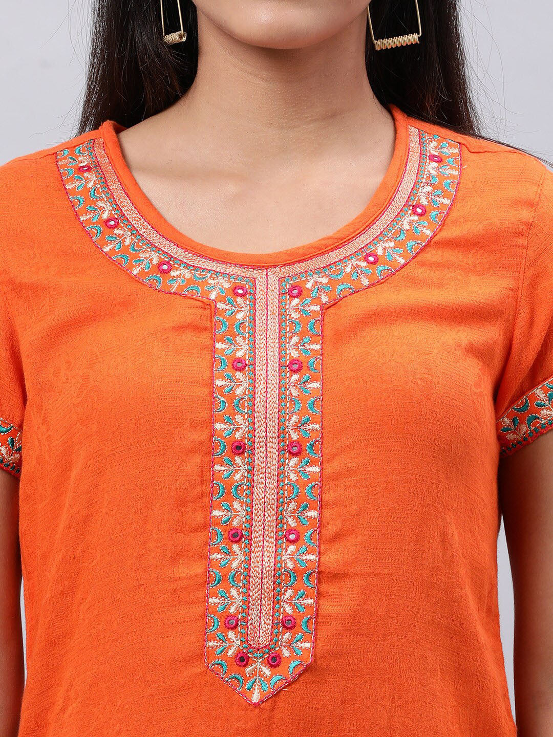 Souchii Orange Floral Embroidered Mirror Work Mirror Work Kurti | Grocsy