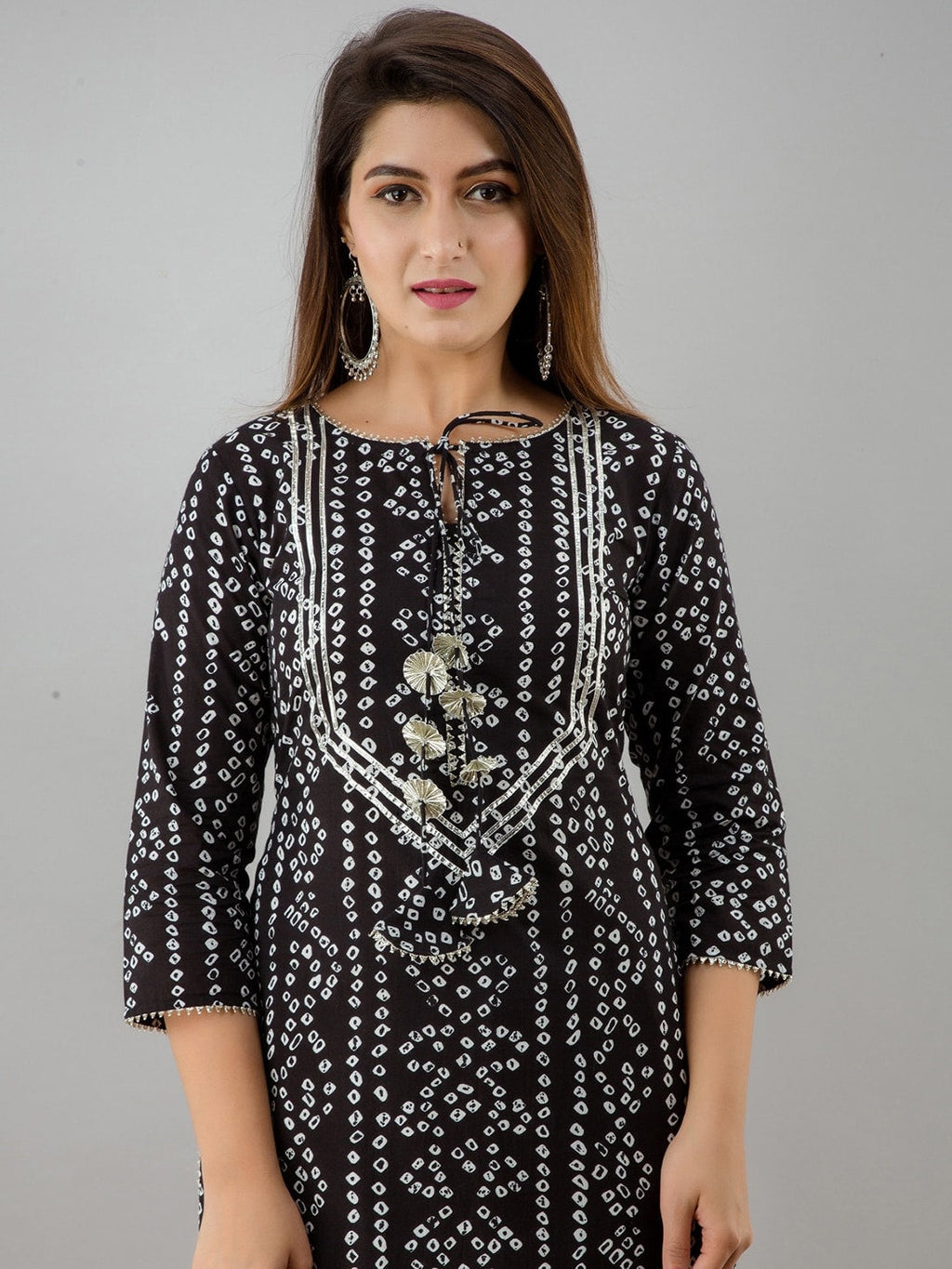 HERE&NOW Black Tie Up Neck Bandhani Printed Gotta Patti Kurta | Grocsy