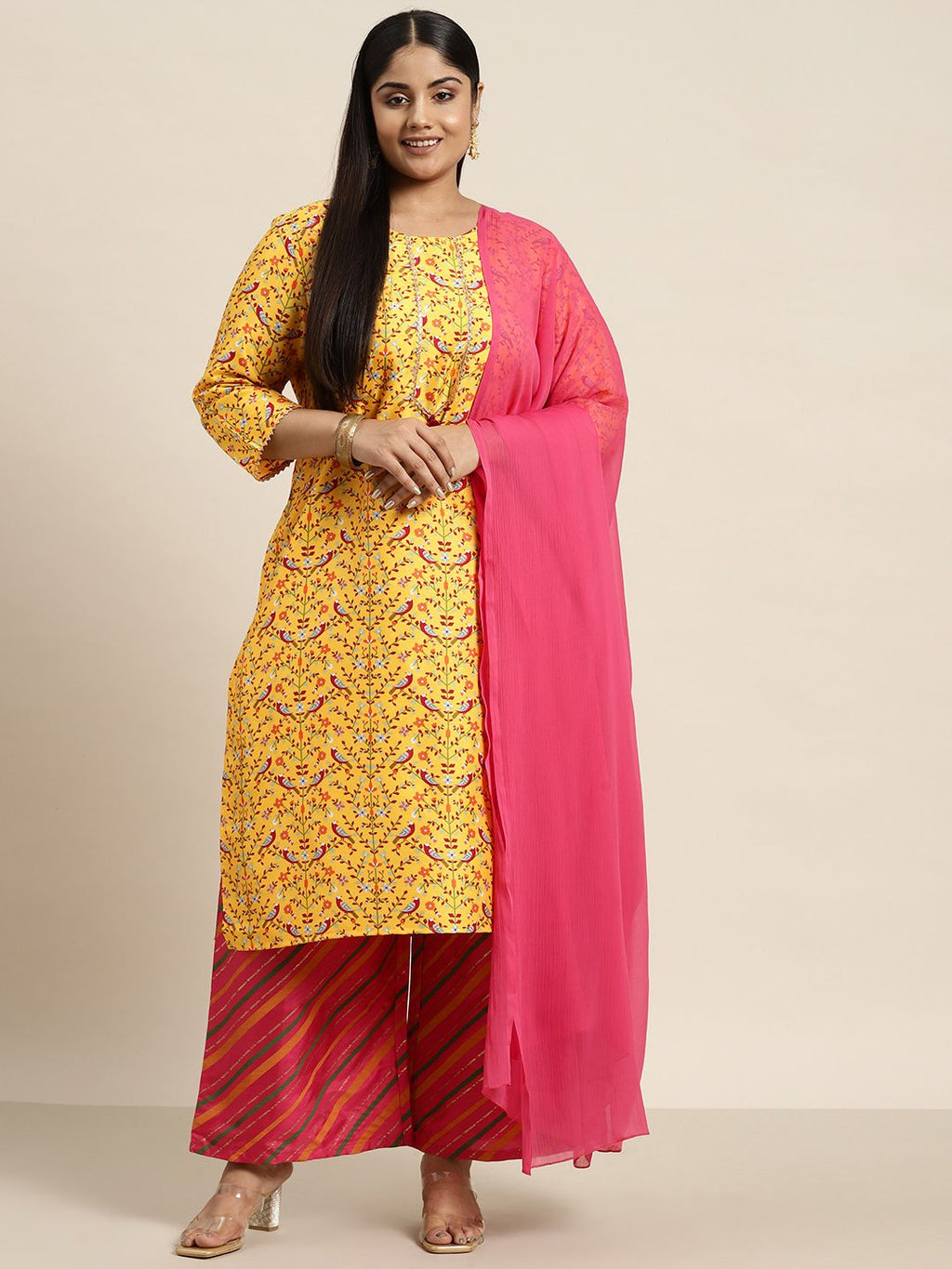 Sztori Plus Size Ethnic Motifs Printed Kurta with Palazzos & Dupatta | Grocsy