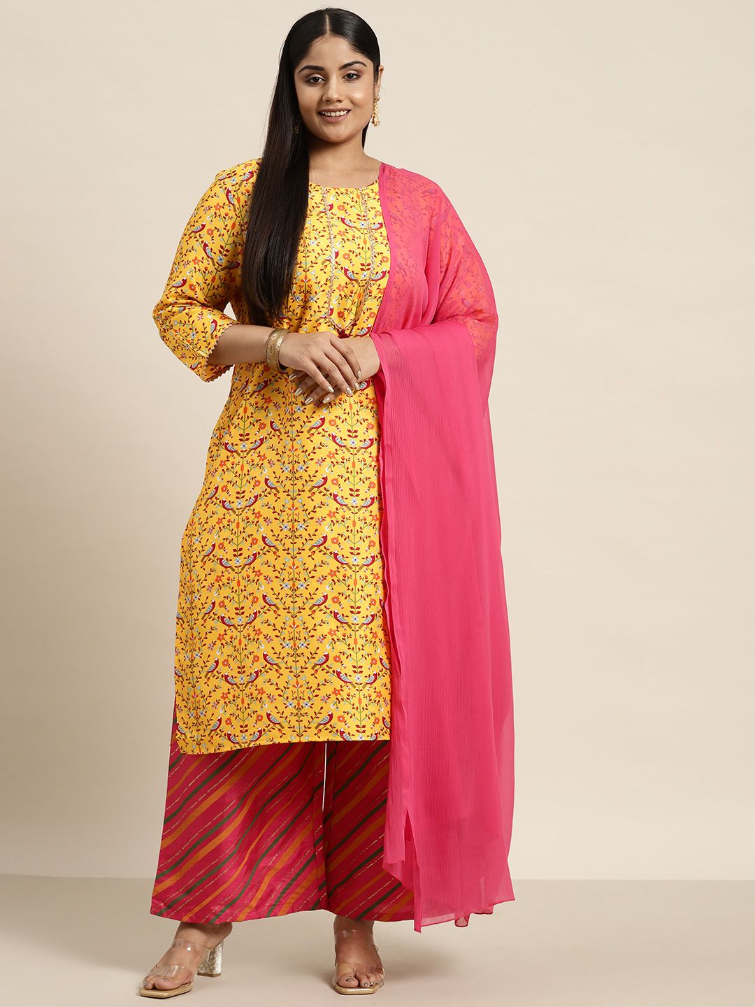 Sztori Plus Size Ethnic Motifs Printed Kurta with Palazzos & Dupatta | Grocsy