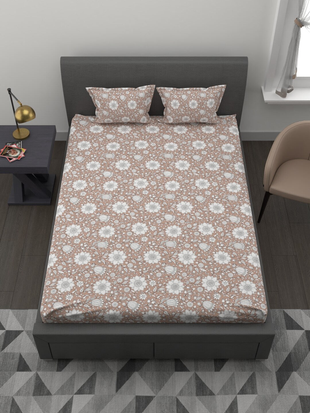MYTRIDENT Brown White Ethnic Motifs 200 TC Cotton 1 King Bedsheet with 2 Pillow Covers | Grocsy