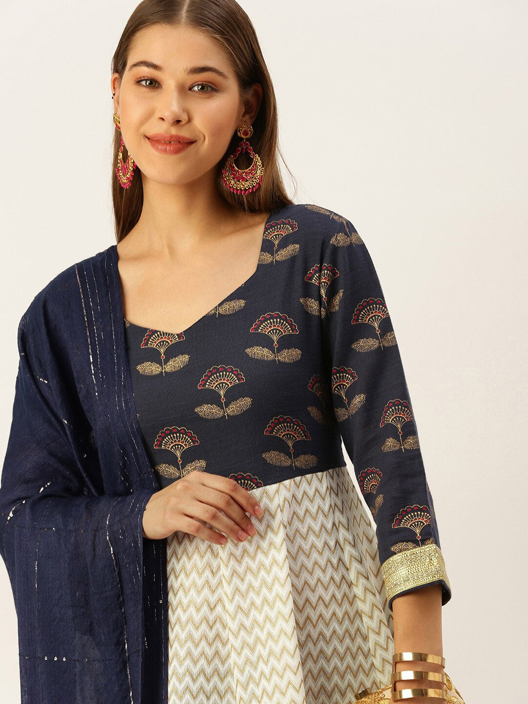 HERE&NOW Women Blue & Cream-Coloured Ethnic Motifs Printed Anarkali Kurta With Dupatta | Grocsy