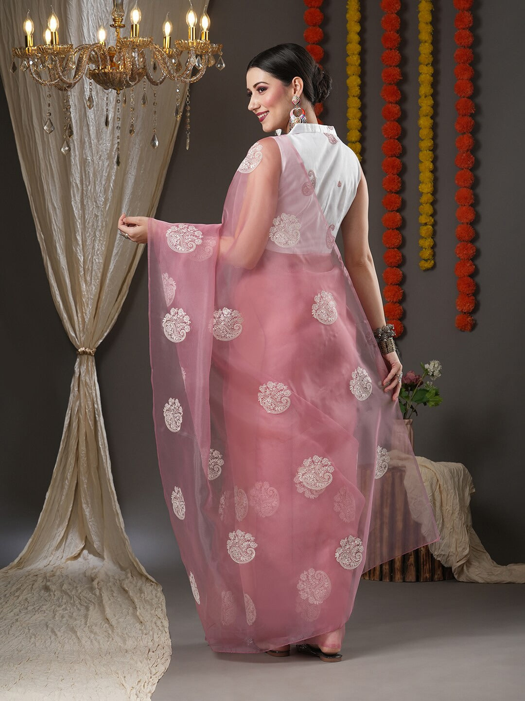Saree Mall Mauve & White Floral Embroidered Organza Banarasi Sarees | Grocsy