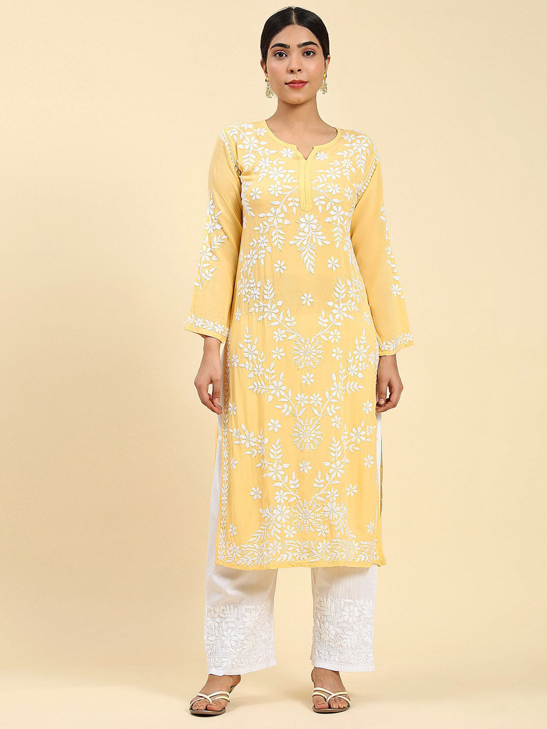 HOUSE OF KARI Ethnic Motifs Embroidered Chikankari Straight Kurta | Grocsy