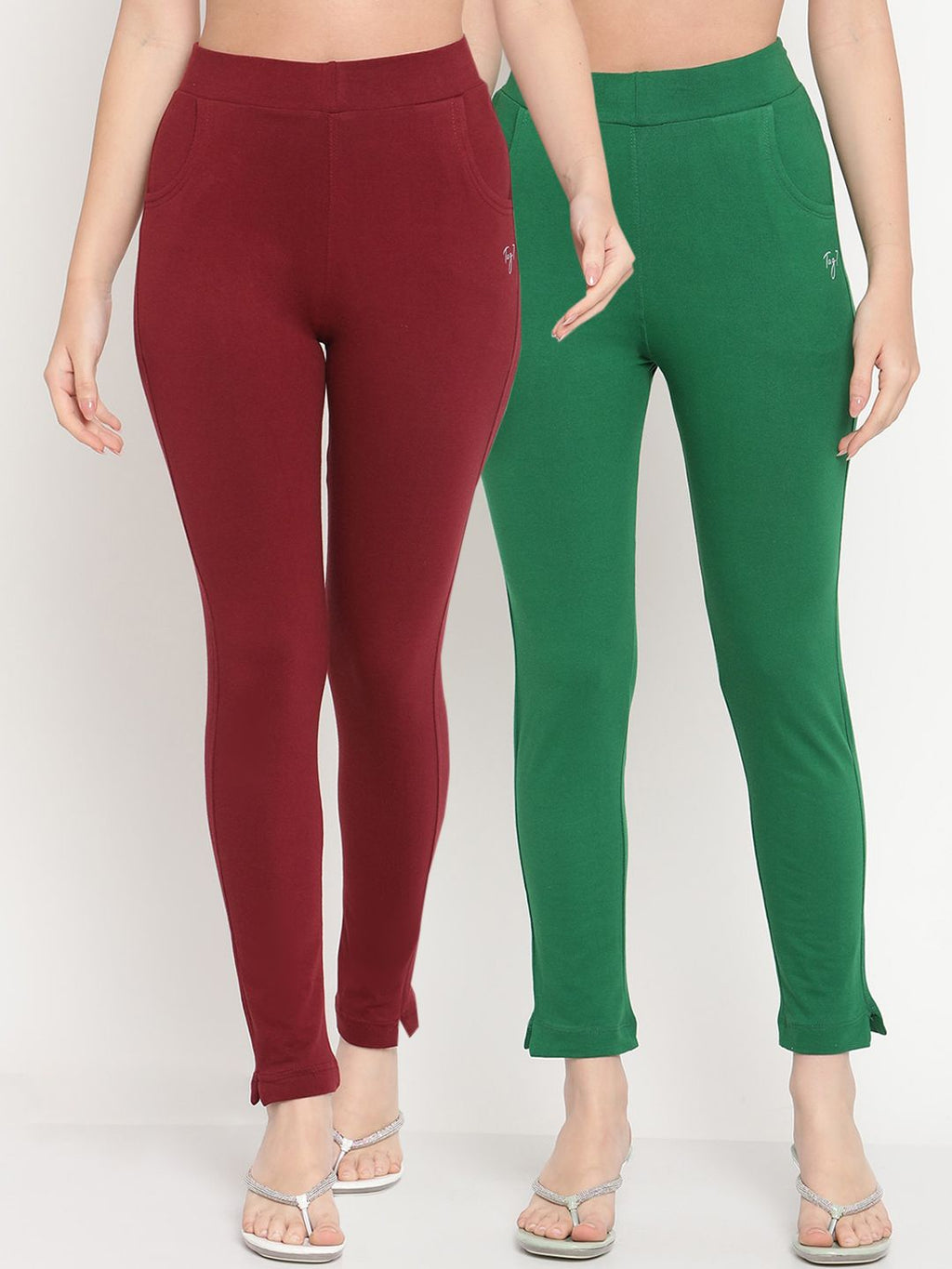TAG 7 Women Set of 2 Maroon & Green Ankle Length Leggings | Grocsy