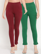 TAG 7 Women Set of 2 Maroon & Green Ankle Length Leggings | Grocsy