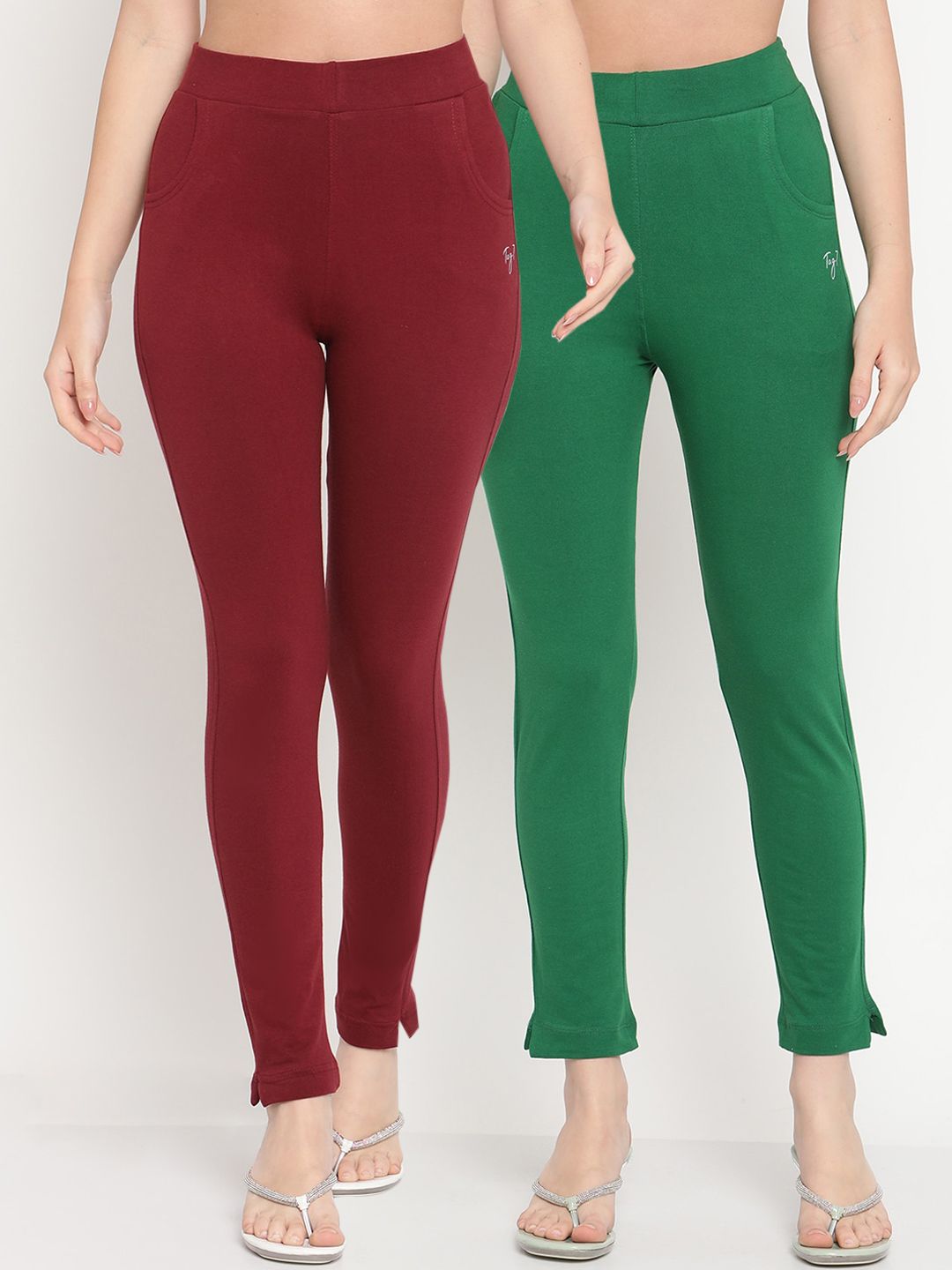 TAG 7 Women Set of 2 Maroon & Green Ankle Length Leggings | Grocsy