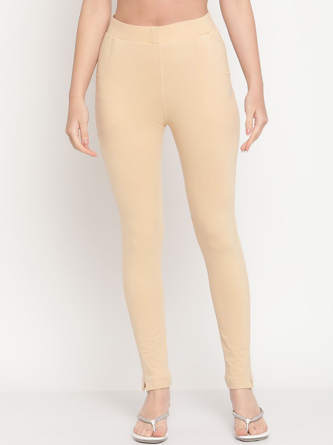 TAG 7 Women Set Of 2 Solid Beige & Red Leggings | Grocsy