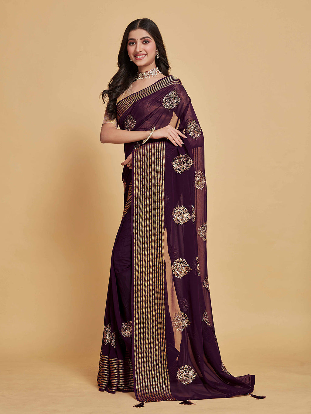 Sangria Coffee Brown Ethnic Motifs Embroidered Zari Pure Georgette Saree | Grocsy