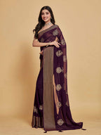 Sangria Coffee Brown Ethnic Motifs Embroidered Zari Pure Georgette Saree | Grocsy