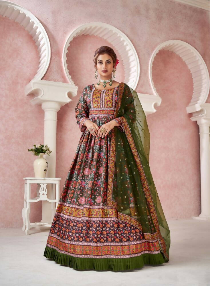 Everywhere Designer Mahendi Dola Silk Gown With Dupatta - Anbazaar | Grocsy