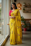 Teeya Creation Yellow Rangoli Silk Embroidery Work Party Wear Designer Saree | Grocsy