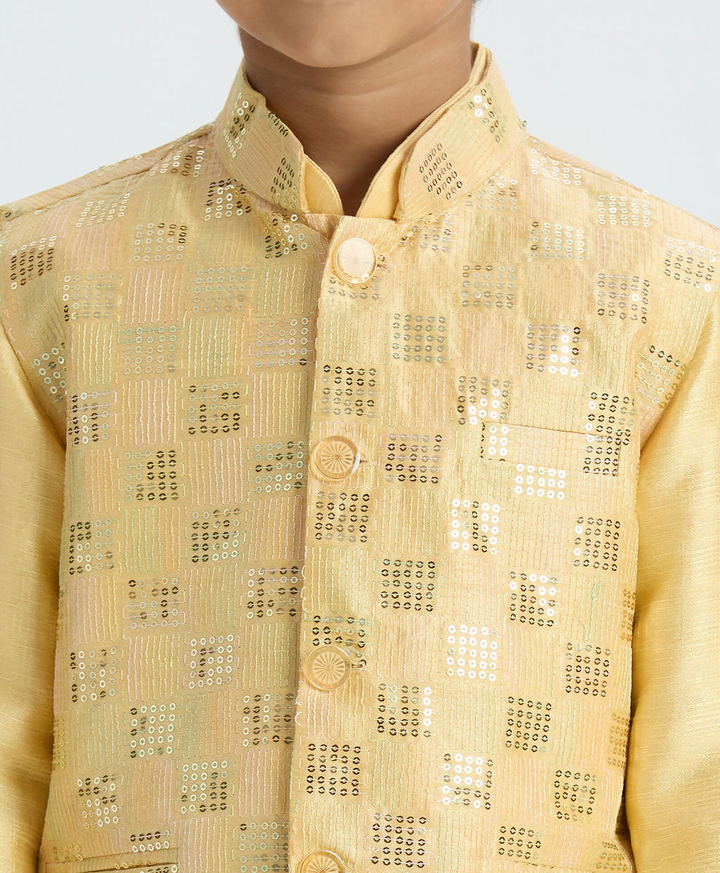 Joban Fashion Kids Island Elegant Box Sequence work Nehru Jacket Full Sleeves Kurta, Pyjama Set - Golden | Grocsy