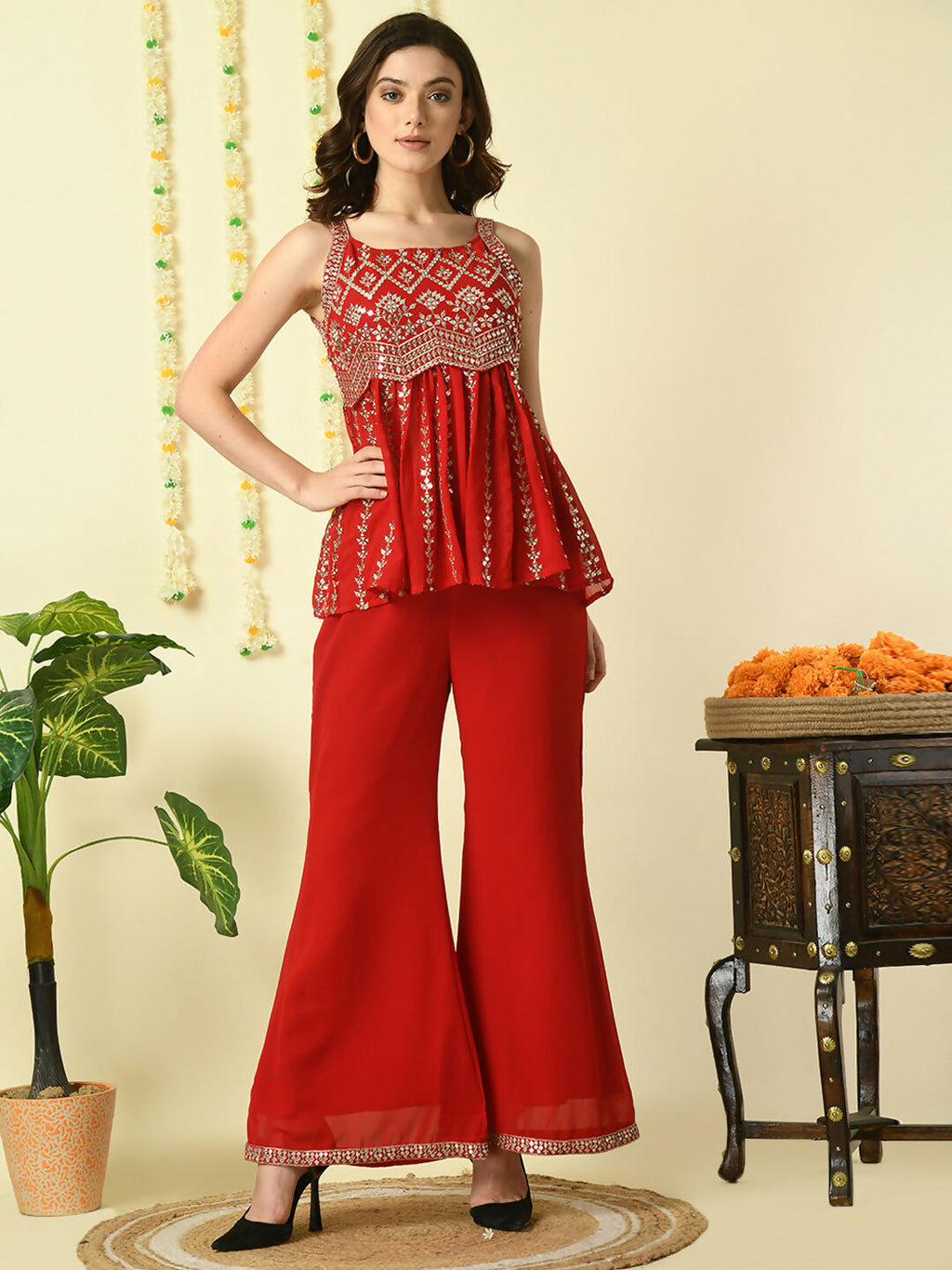 Myshka Women's Red Georgette Top With Palazzos Party Sets | Grocsy