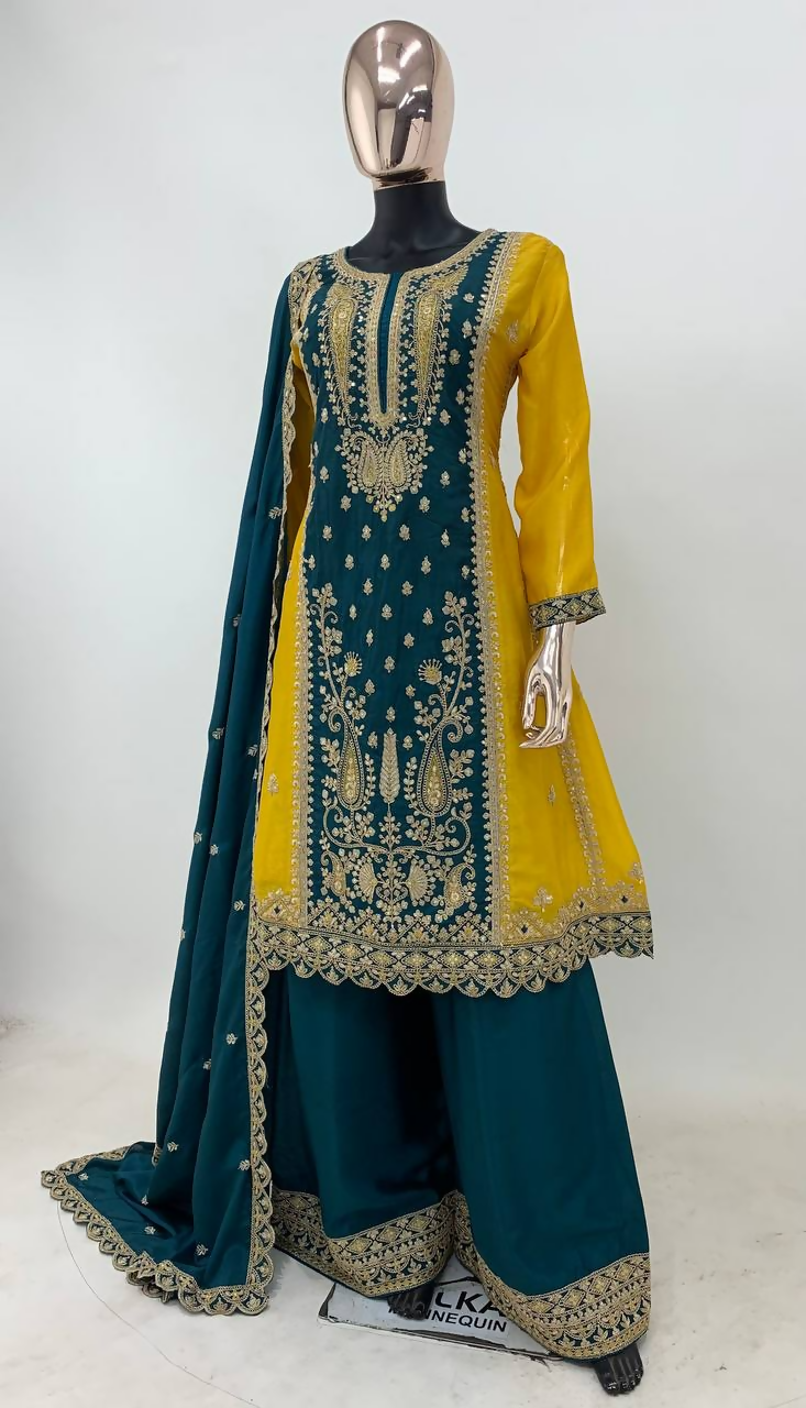 Lorenvalley Fashion Yellow and Rama Chinon Embroidery With Sequince Work Salwar Kameez Stitched | Grocsy