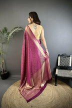 Joban Fashion Purple Floral Motifs & Ethnic Design Soft Satin Silk Kanchipuram Saree | Grocsy