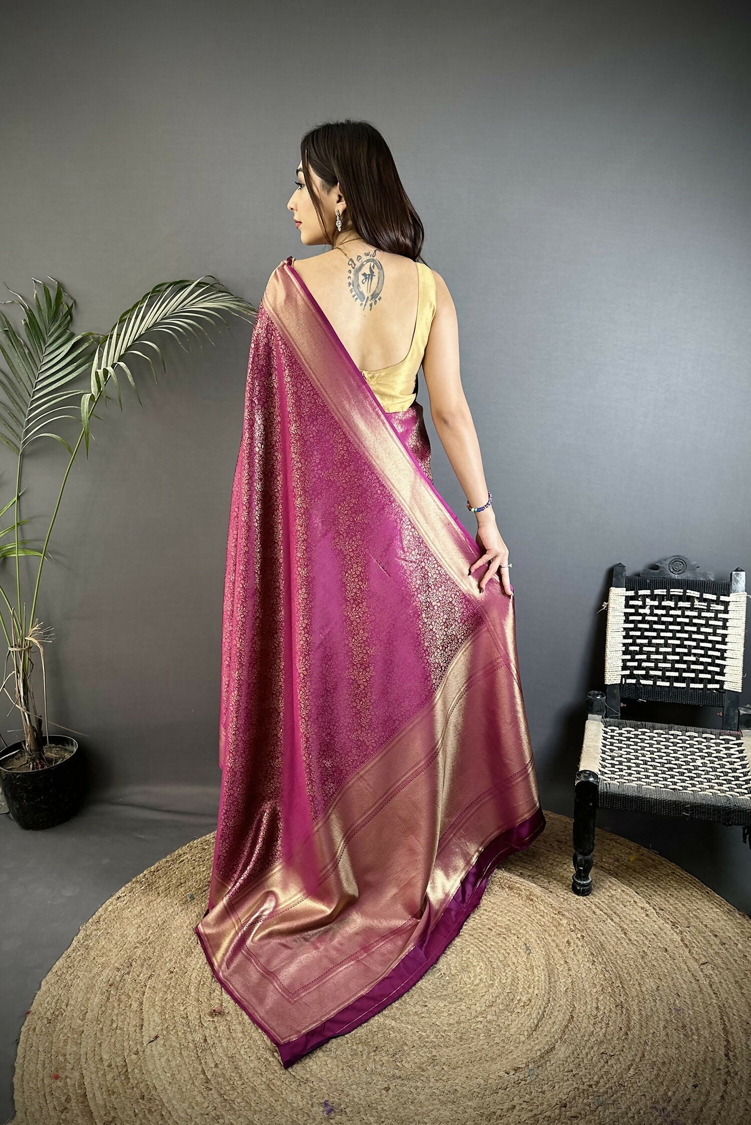 Joban Fashion Purple Floral Motifs & Ethnic Design Soft Satin Silk Kanchipuram Saree | Grocsy