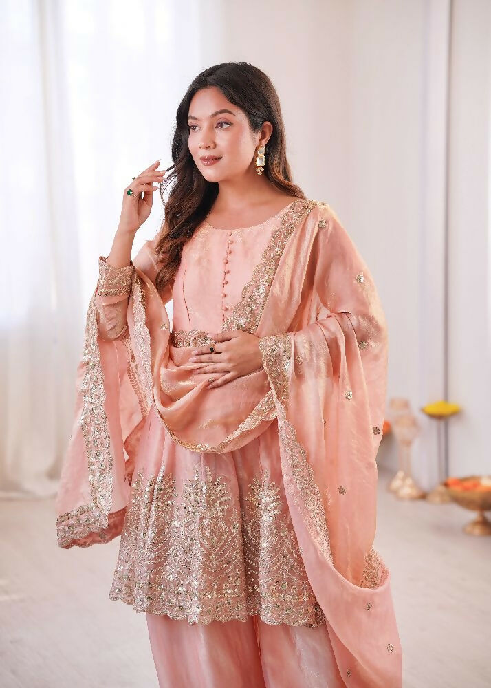 Teeya Creation Light Peach Color Fendy Satin Silk Embroidery Work Party Wear Salwar Suit | Grocsy