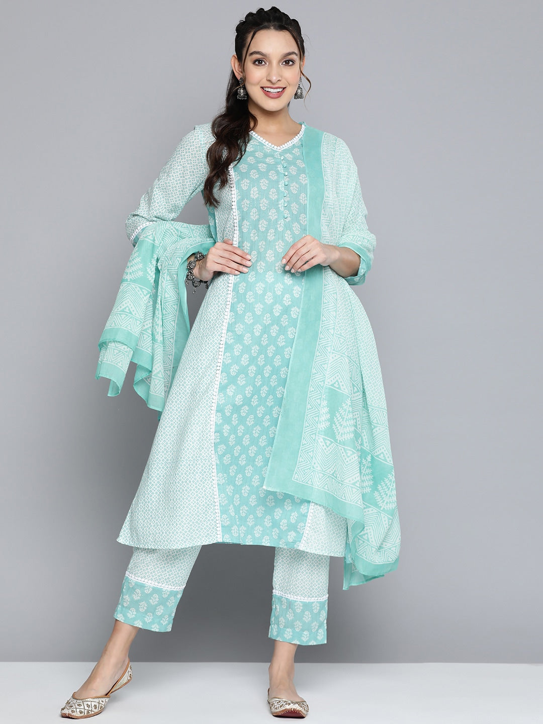 HERE&NOW Women Turquoise Blue Floral Printed Pure Cotton Kurta with Palazzos & With Dupatta | Grocsy