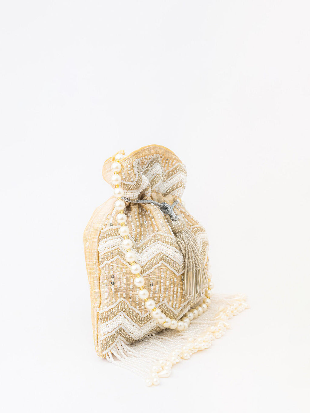 NR By Nidhi Rathi Cream-Coloured & Gold-Toned Embellished Potli Clutch