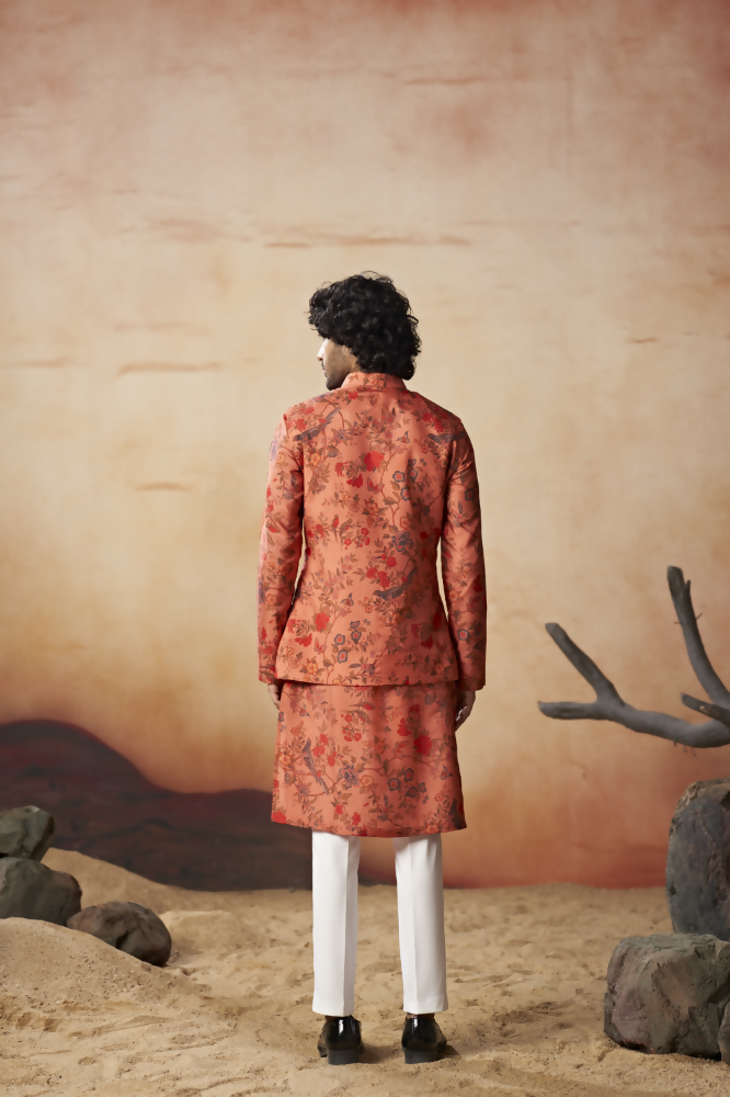 Floral Jal Print Silk Nehru Jacket Set by Hilo Design | Grocsy