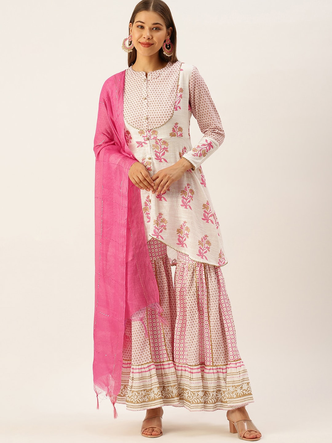 HERE&NOW Women White Floral Printed Kurta with Sharara With Dupatta | Grocsy