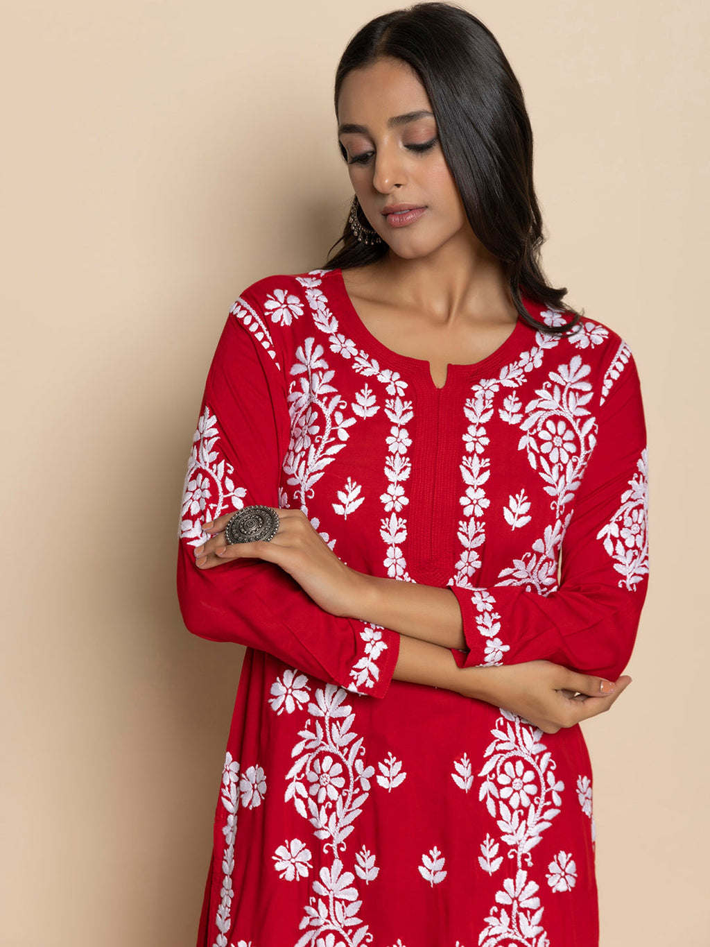 HOUSE OF KARI Floral Embroidered Chikankari Cotton A-Line Kurta | Grocsy