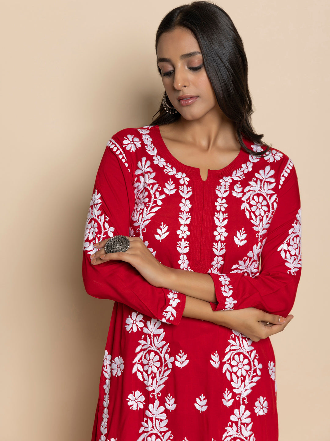 HOUSE OF KARI Floral Embroidered Chikankari Cotton A-Line Kurta | Grocsy
