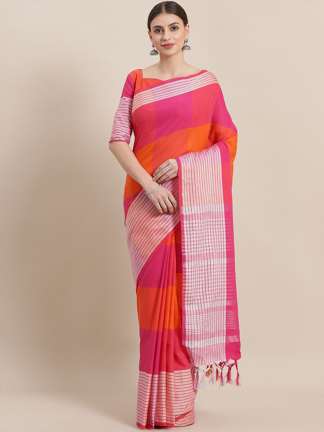 Saree Mall Pink & Orange Checked Saree | Grocsy