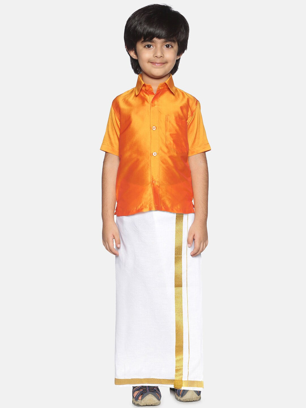 Sethukrishna Boys Orange & White Solid Shirt and Veshti Set | Grocsy