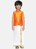 Sethukrishna Boys Orange & White Solid Shirt and Veshti Set | Grocsy