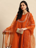 Sangria Ethnic Motifs Embroidered Mirror Work Silk Crepe Kurta with Trousers & Dupatta | Grocsy