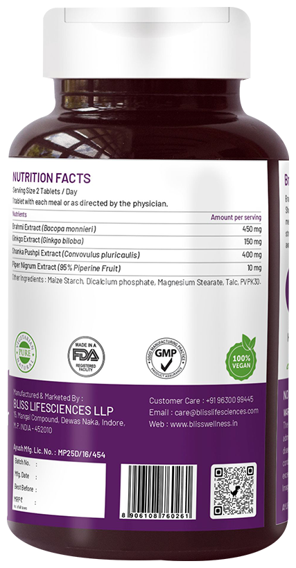 Bliss Welness Brain Health Brahmi + Shankapushpi Ginkgo Biloba Veg Tablet | Grocsy