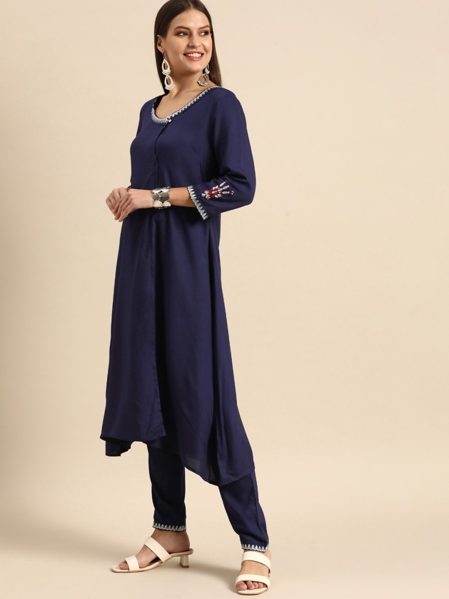 All About You Women Navy Blue Embroidered Kurta with Trousers | Grocsy