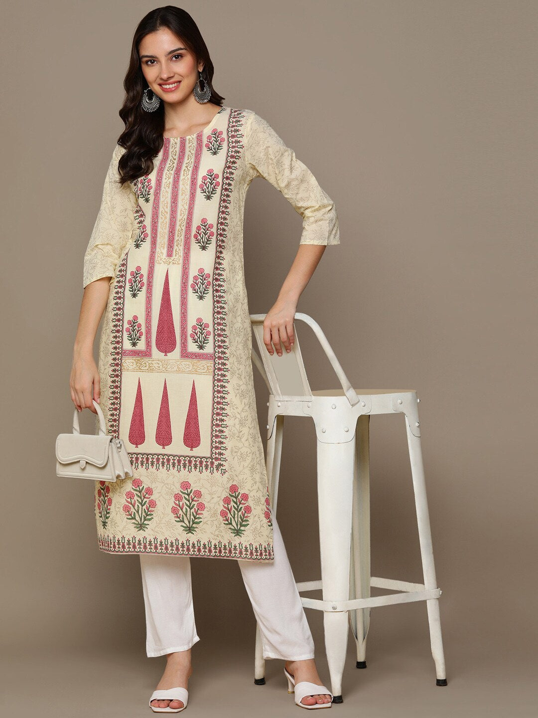 HERE&NOW Cream-Color & Pink Floral Printed Straight Kurta | Grocsy