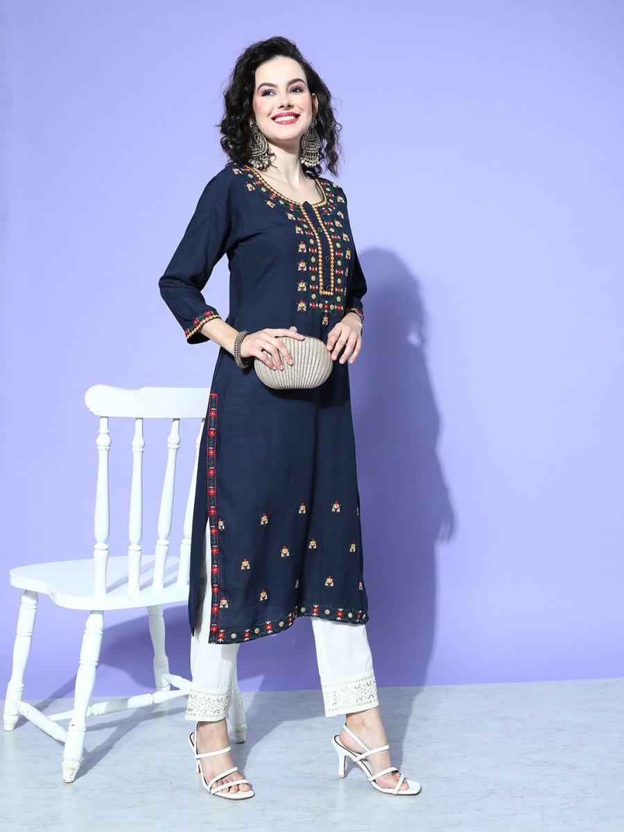 All About You Women Blue Embroidered Regular Mirror Work Liva Kurta with Trousers | Grocsy