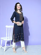 All About You Women Blue Embroidered Regular Mirror Work Liva Kurta with Trousers | Grocsy