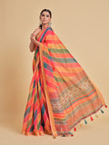 Sangria Orange & Green Printed Pure Cotton Saree | Grocsy