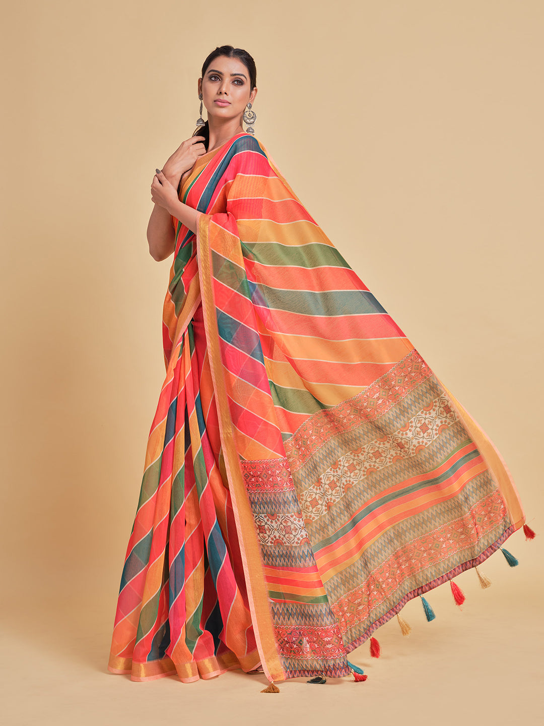 Sangria Orange & Green Printed Pure Cotton Saree | Grocsy