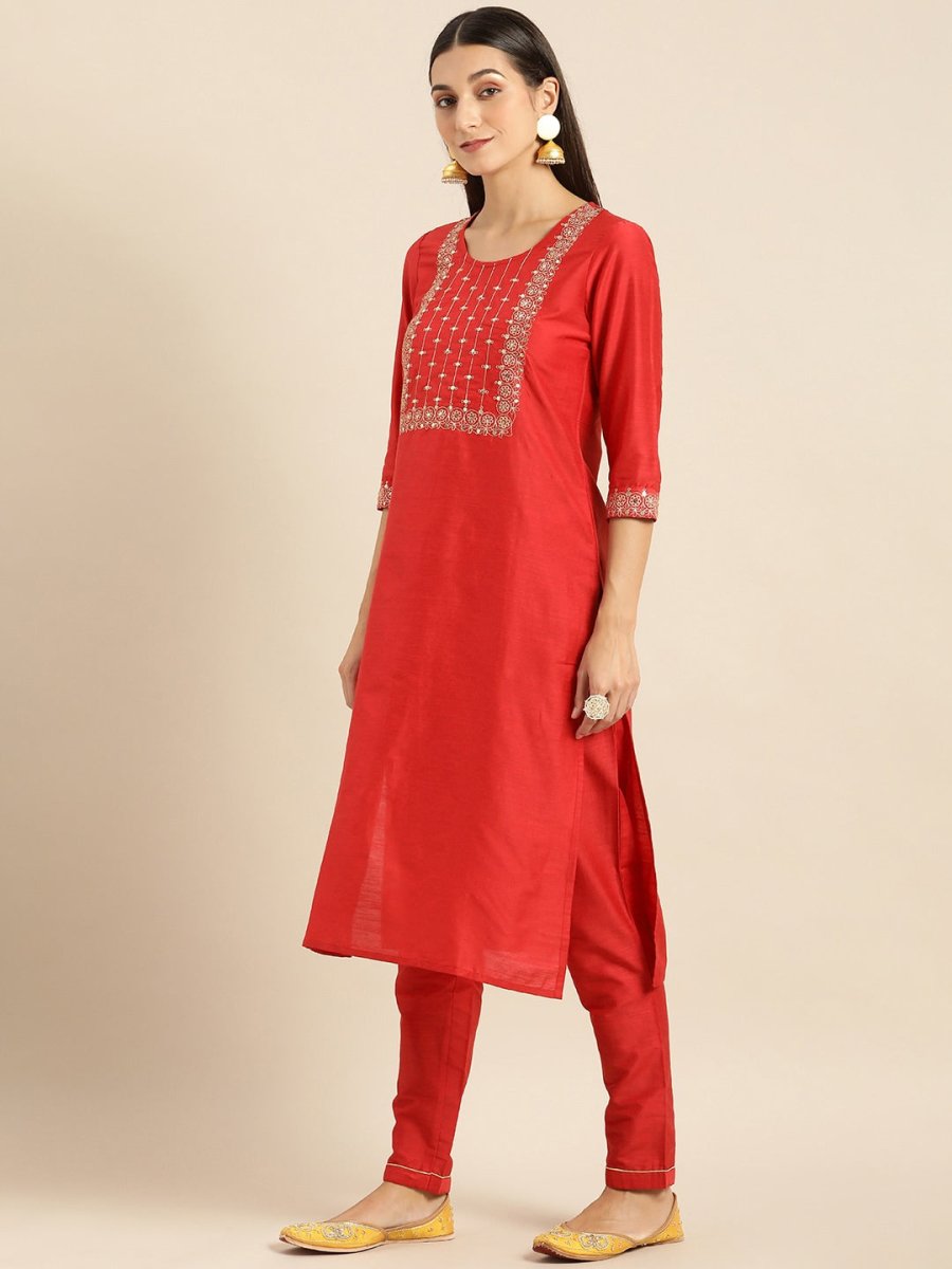 All About You Women Red Woven Design Kurta with Trousers | Grocsy