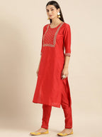 All About You Women Red Woven Design Kurta with Trousers | Grocsy