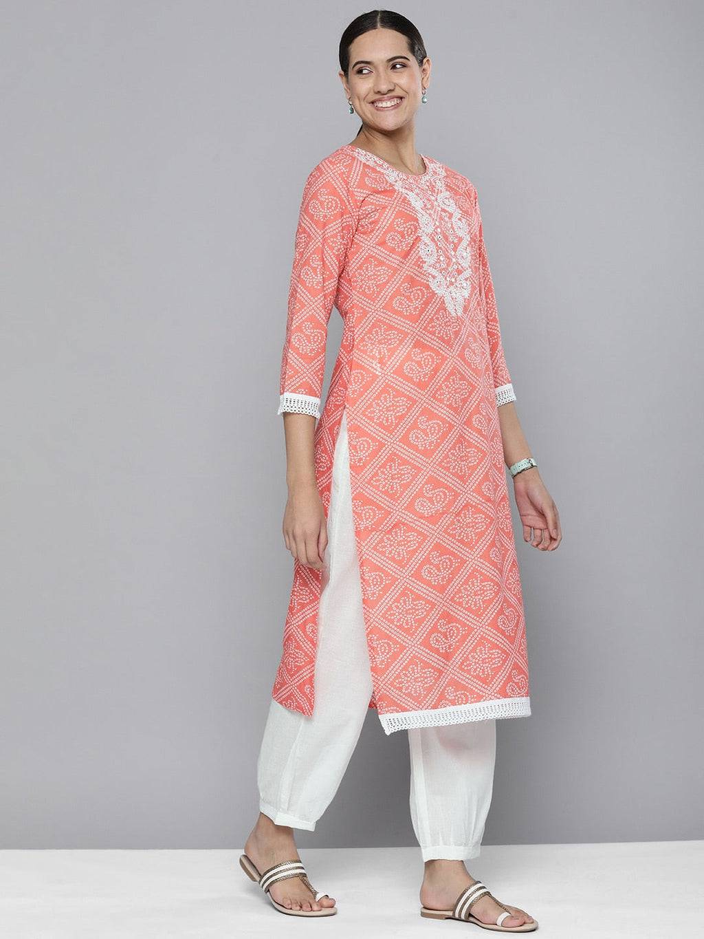HERE&NOW Women Orange Ethnic Motifs Embroidered Pure Cotton Kurta with Trousers & With Dupatta | Grocsy