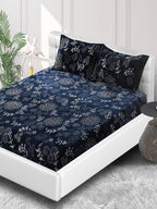Stylespace by Isha Navy Blue & White Floral Velvet 300 TC Fitted King Bedsheet Set | Grocsy